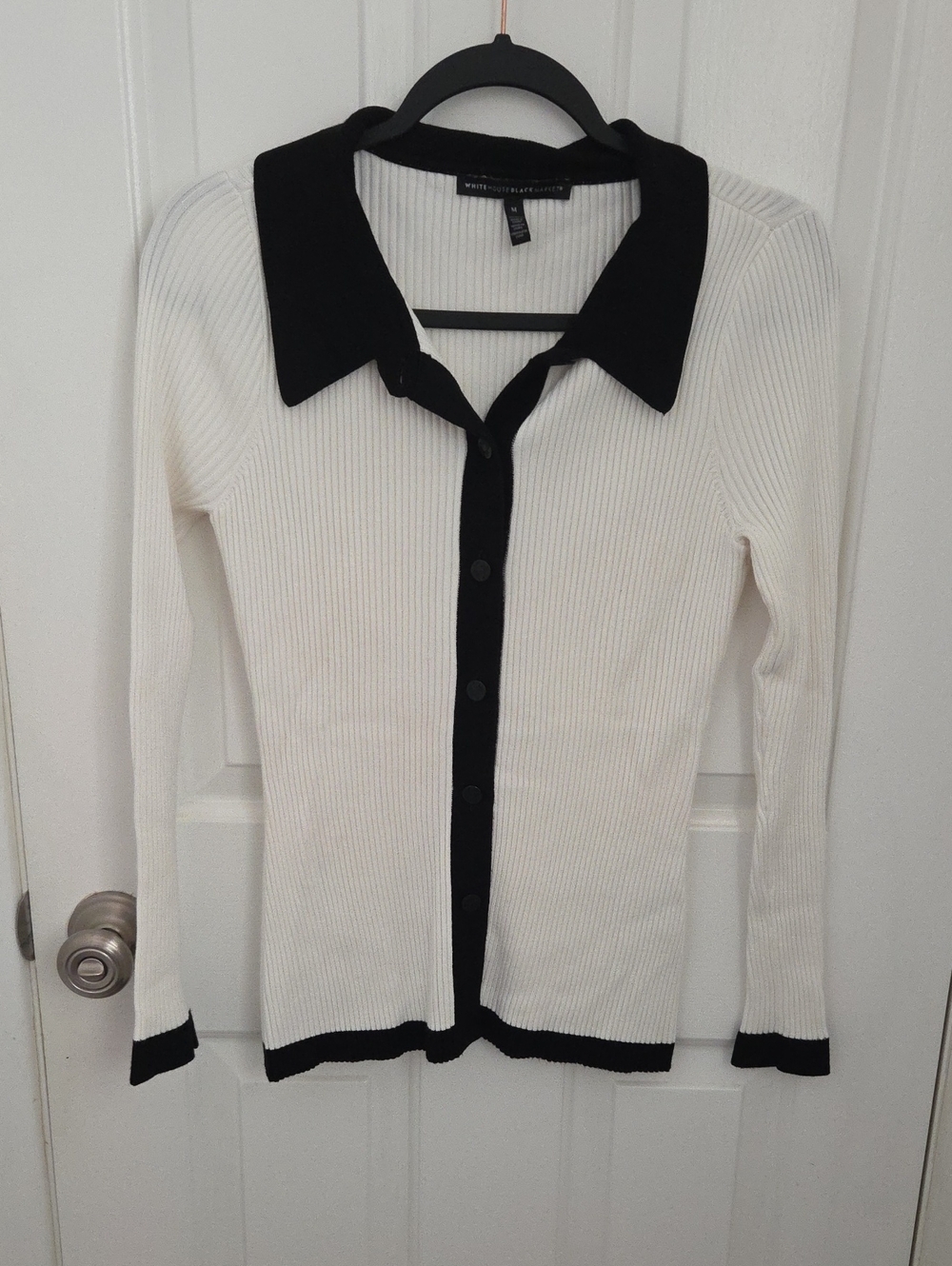 WHBM Ribbed Two-Tone Button-Up Sweater - White/Black medium